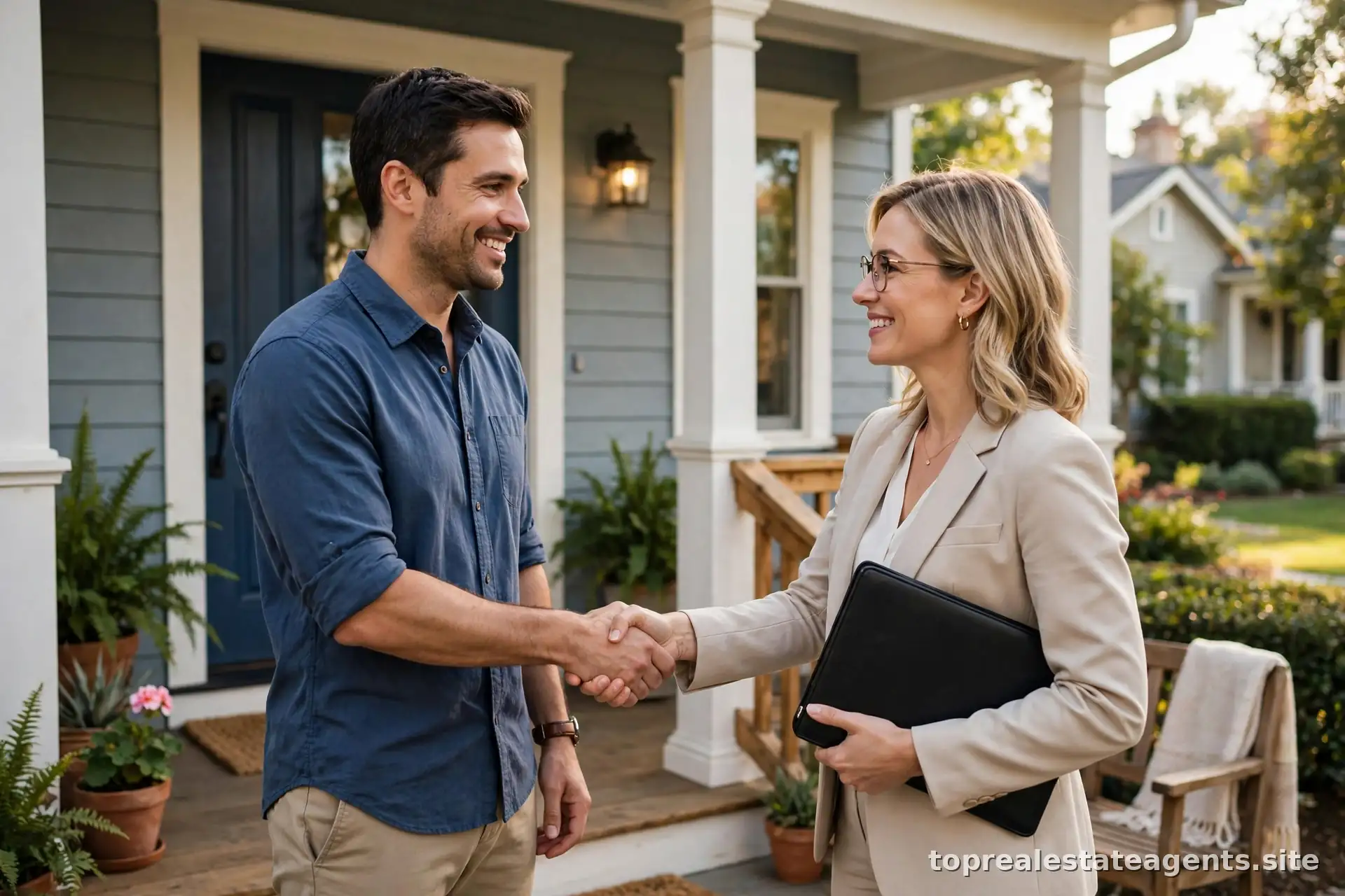 Home buyer shaking hands with a real estate agent in front of a house