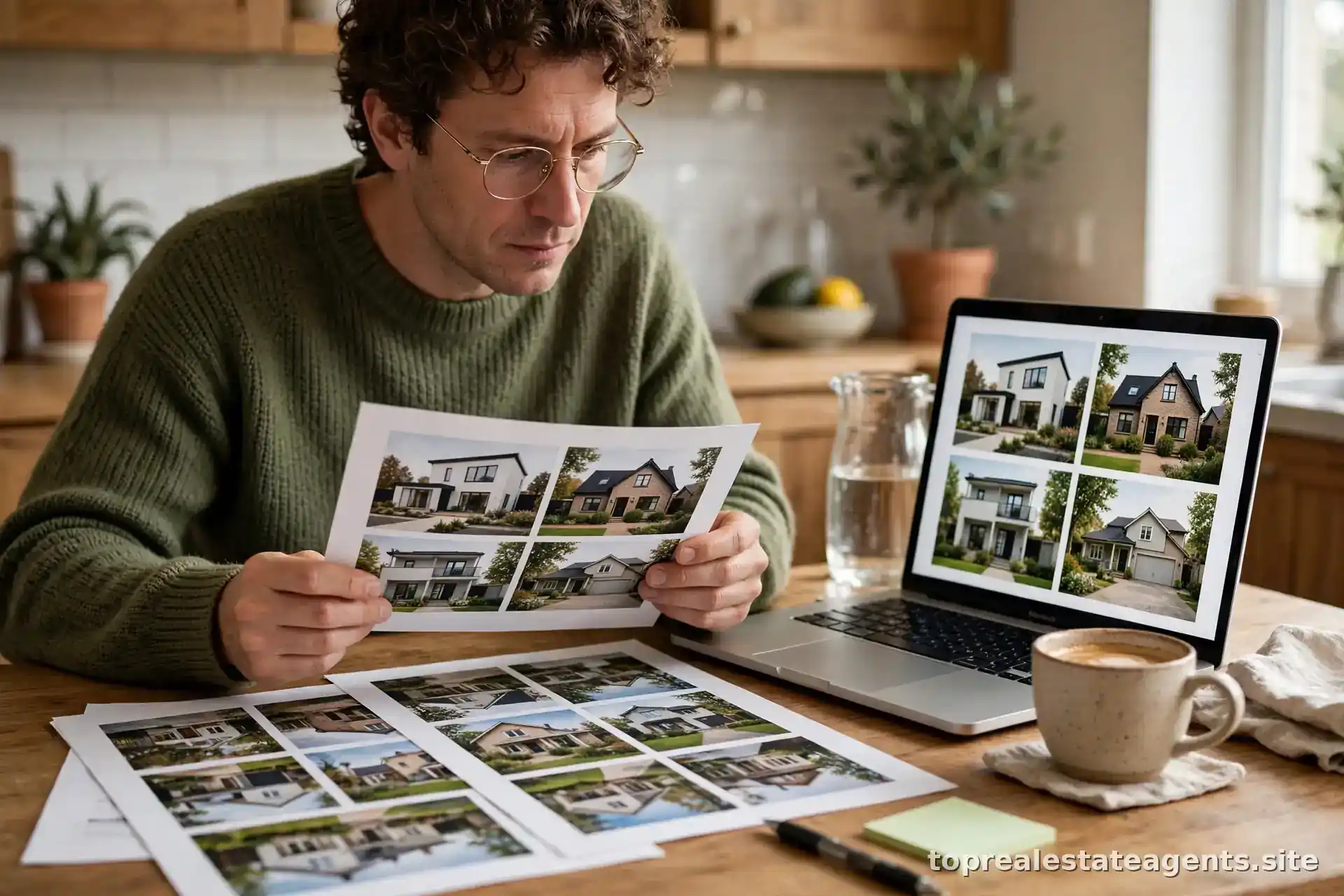 Person reviewing agent profiles and notes on a laptop at a kitchen table