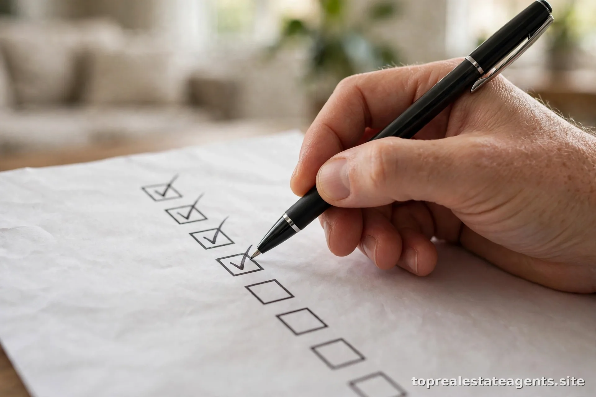 Close-up of a hand checking off items on a printed interview checklist