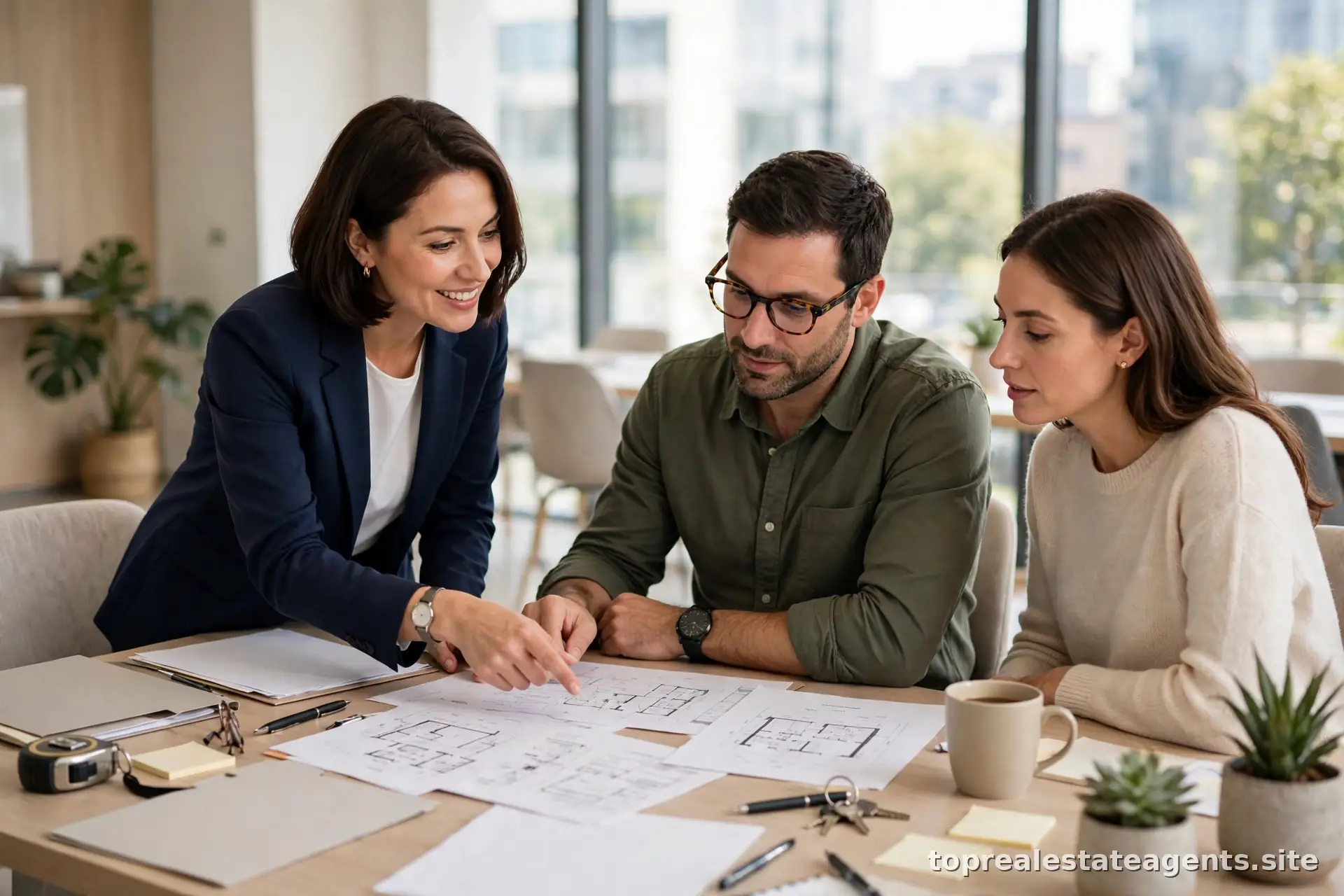 Real estate agent explaining documents to a couple in a bright office