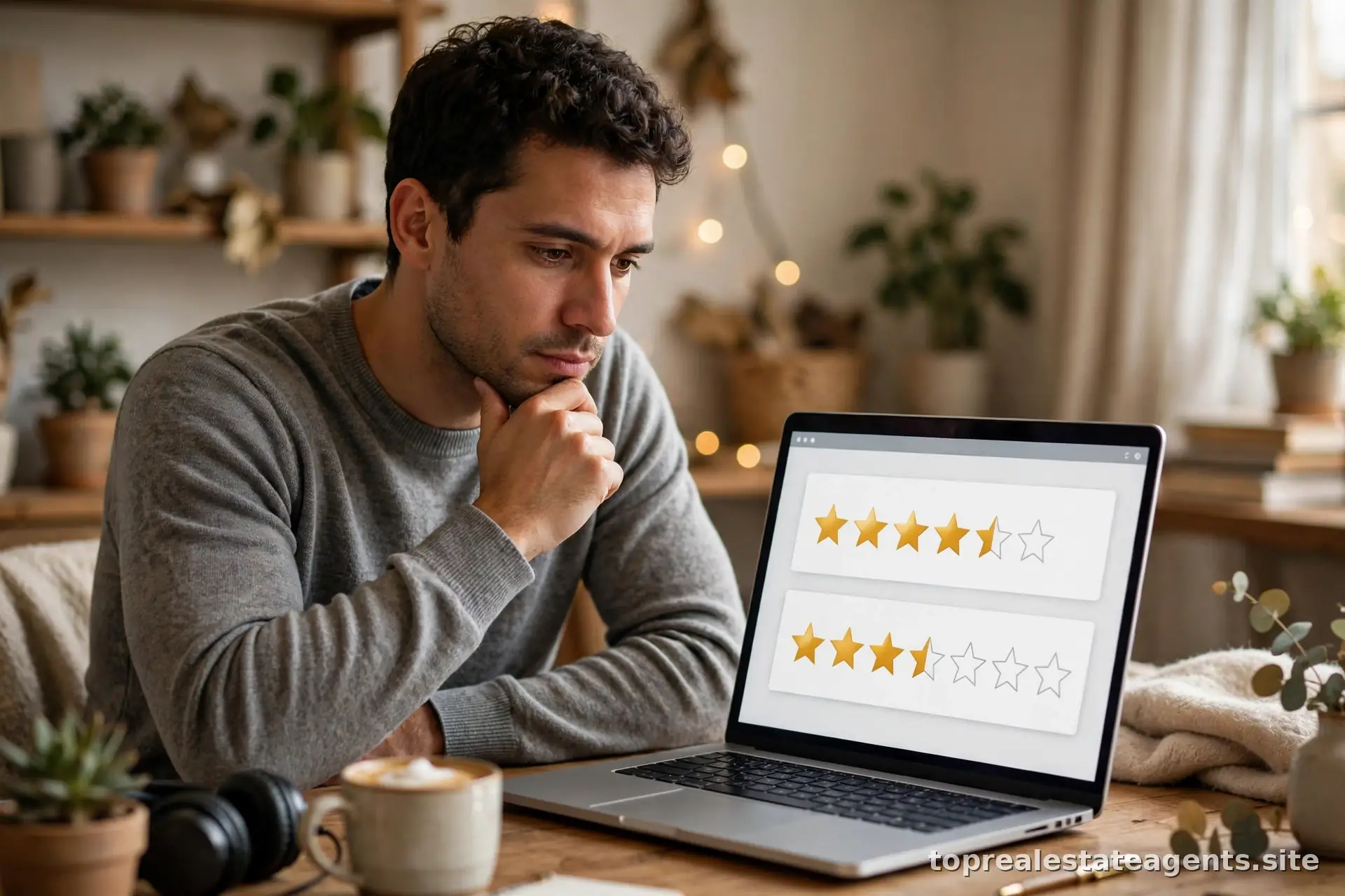 Person reading online reviews with star ratings on a laptop screen