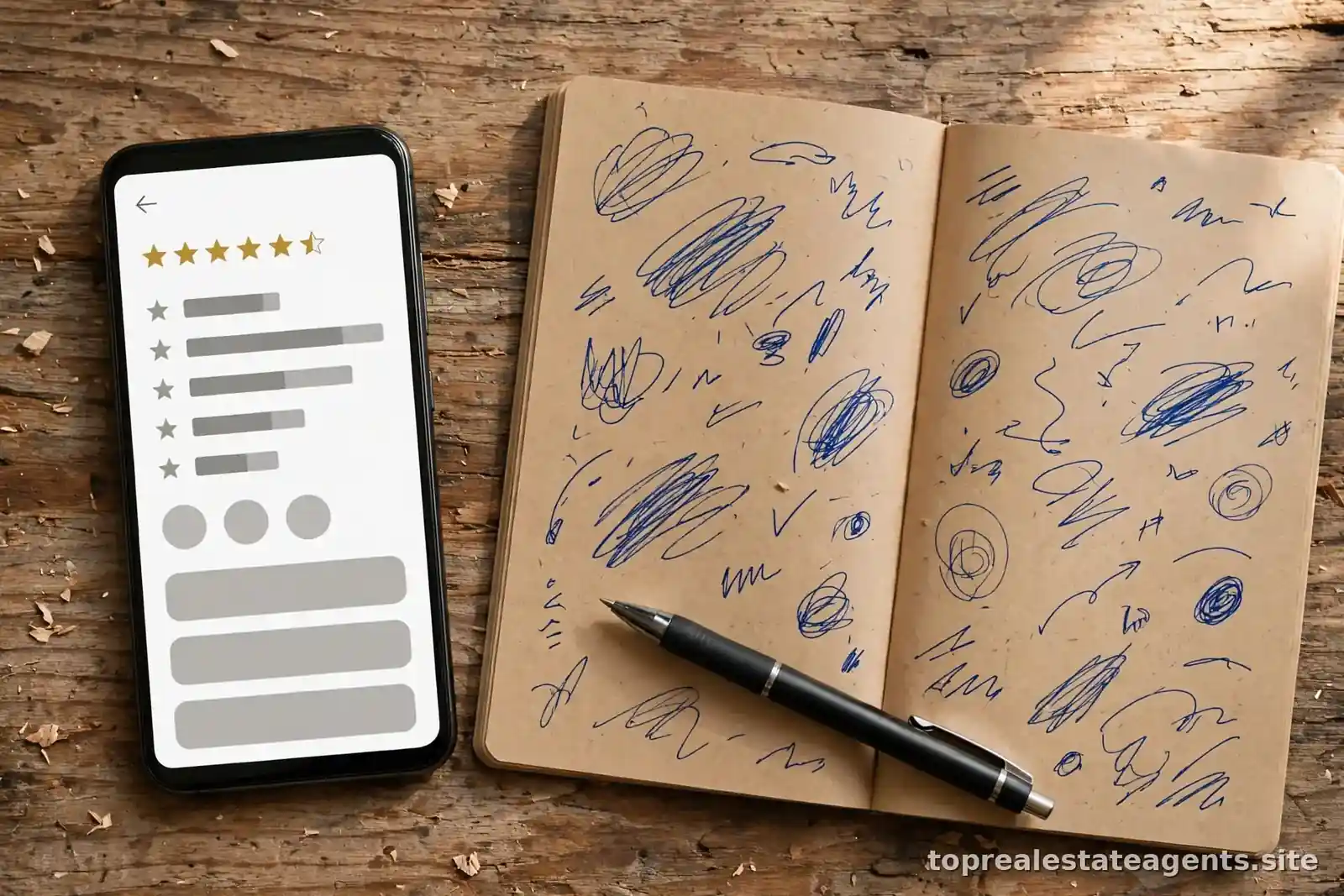 Smartphone showing a review page next to a notebook with handwritten notes