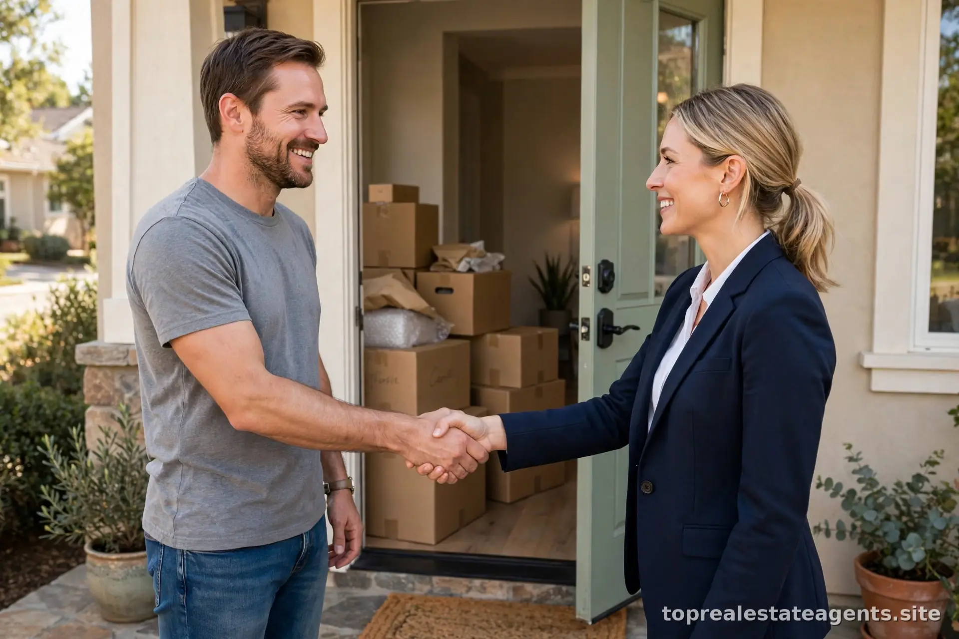 Handshake between a homeowner and a real estate agent at a front door