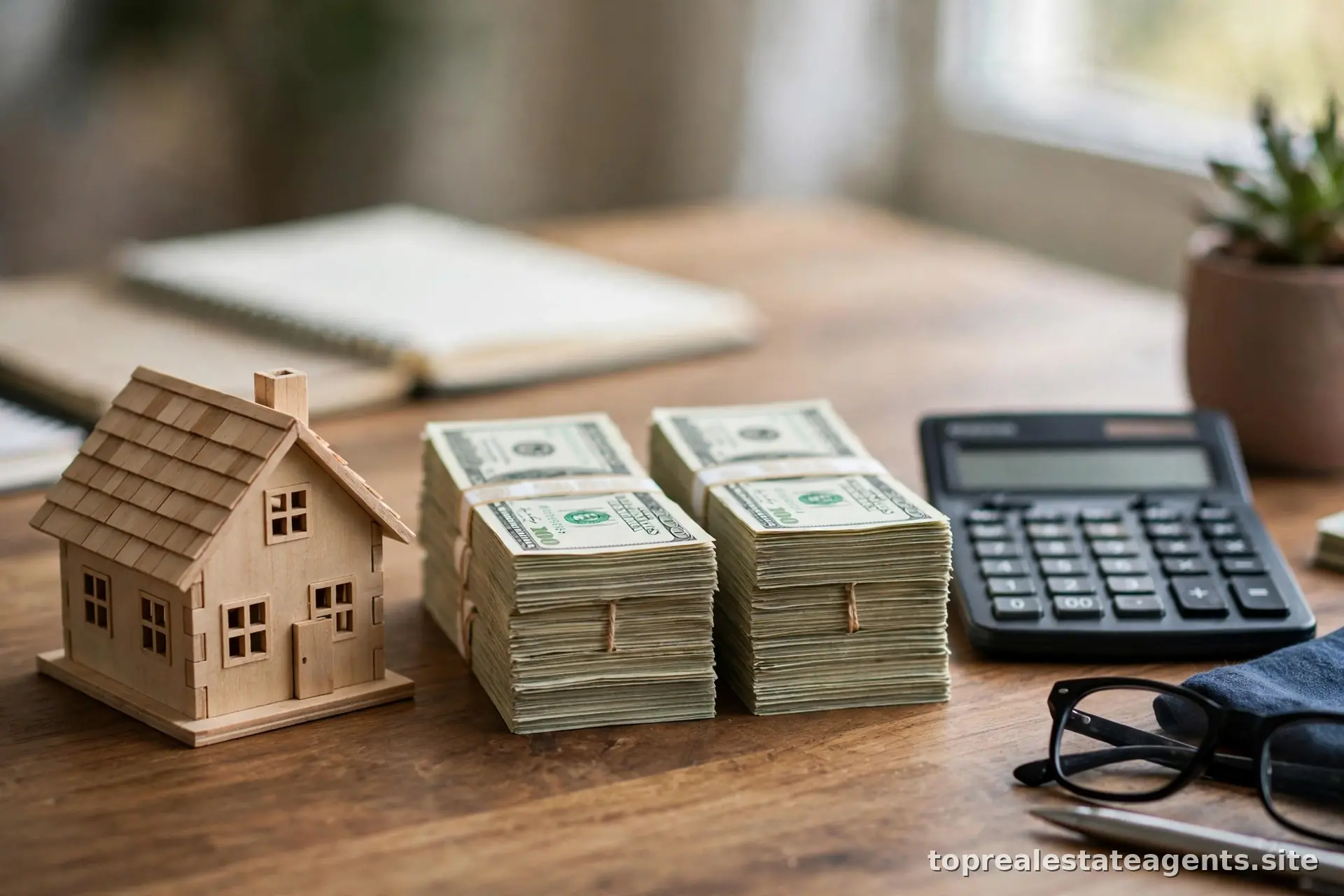 Pie chart concept visualized as divided dollar bills on a desk with a house model