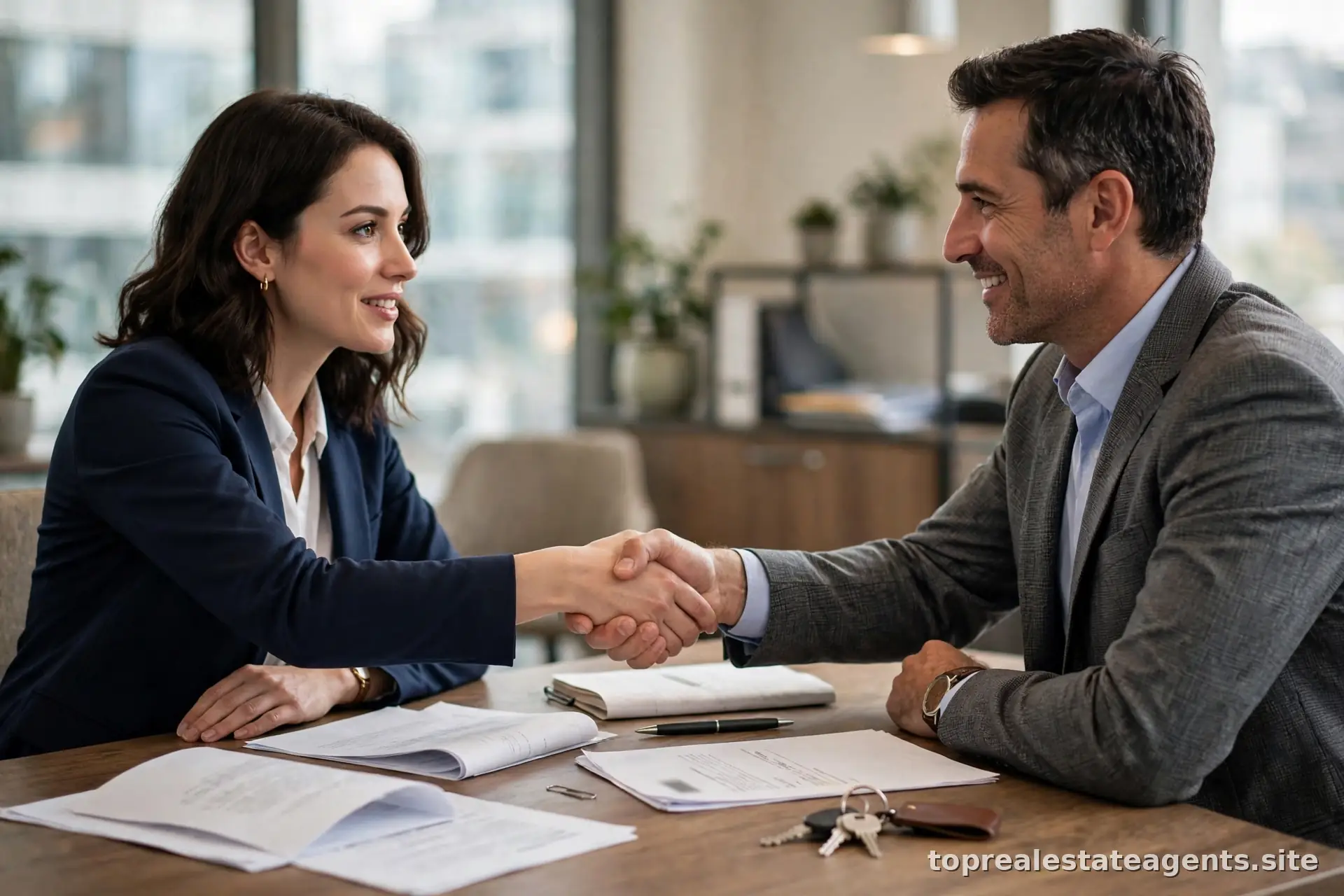 Buyer and seller shaking hands across a closing table with documents