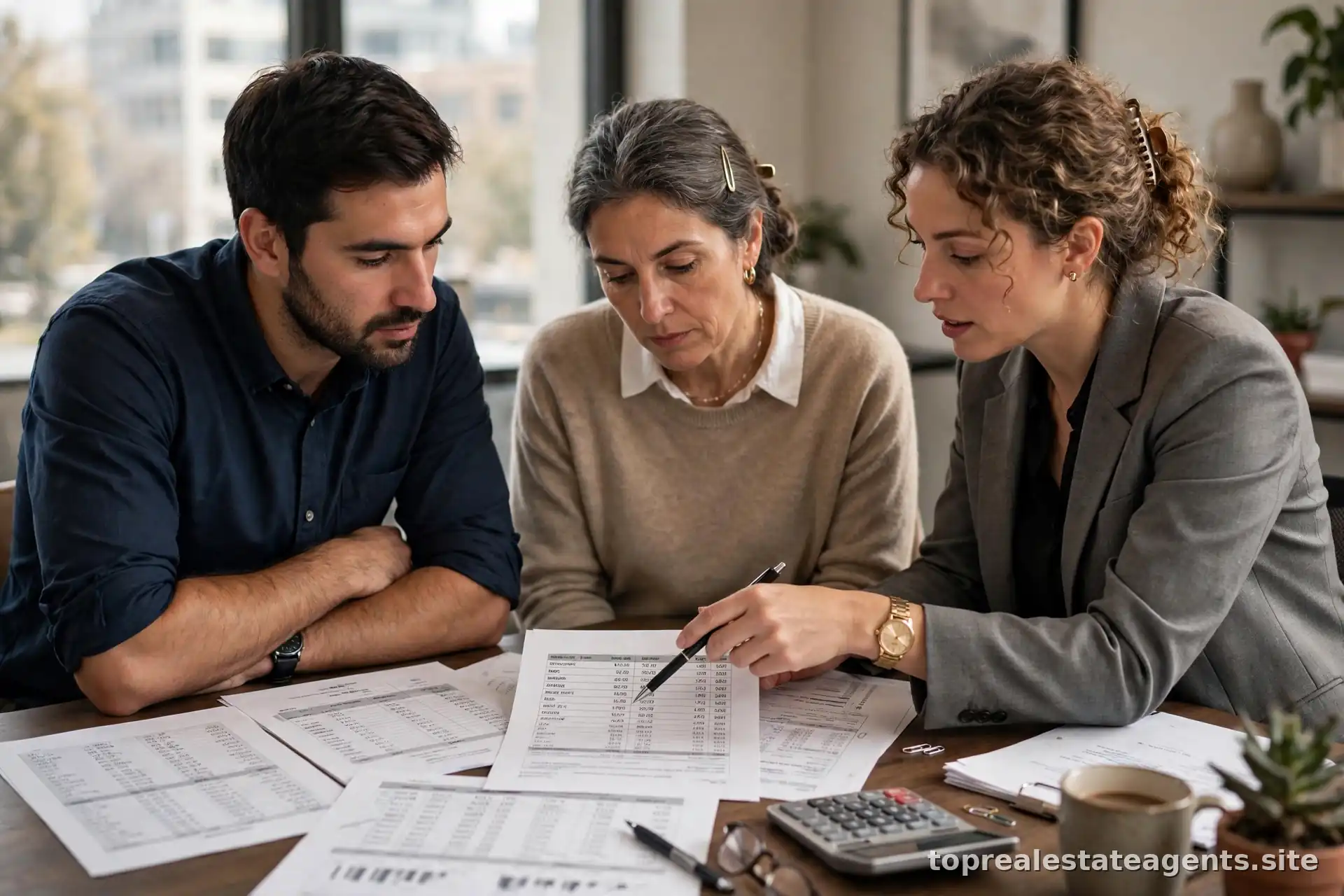 Buyer and seller reviewing closing cost documents with a real estate agent