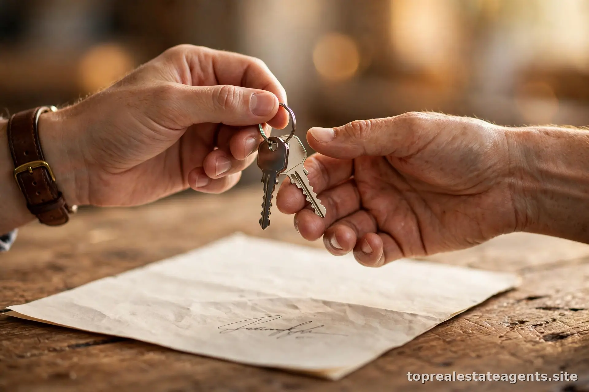 Close-up of hands exchanging house keys over a signed contract
