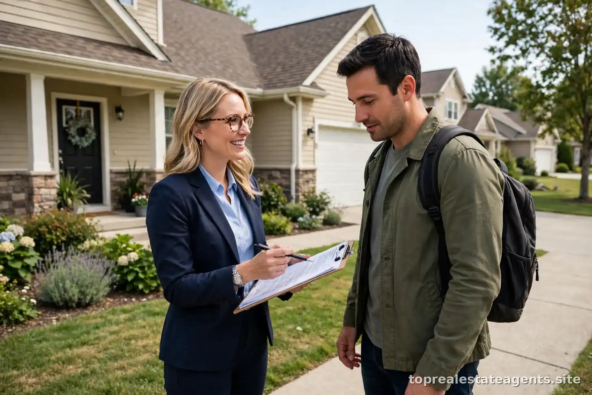 Real estate agent and buyer discussing paperwork in front of a new home