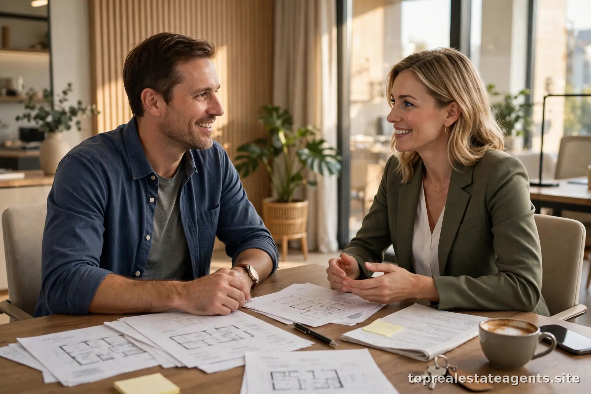 Home seller and real estate agent discussing commission terms across a desk in a bright modern office