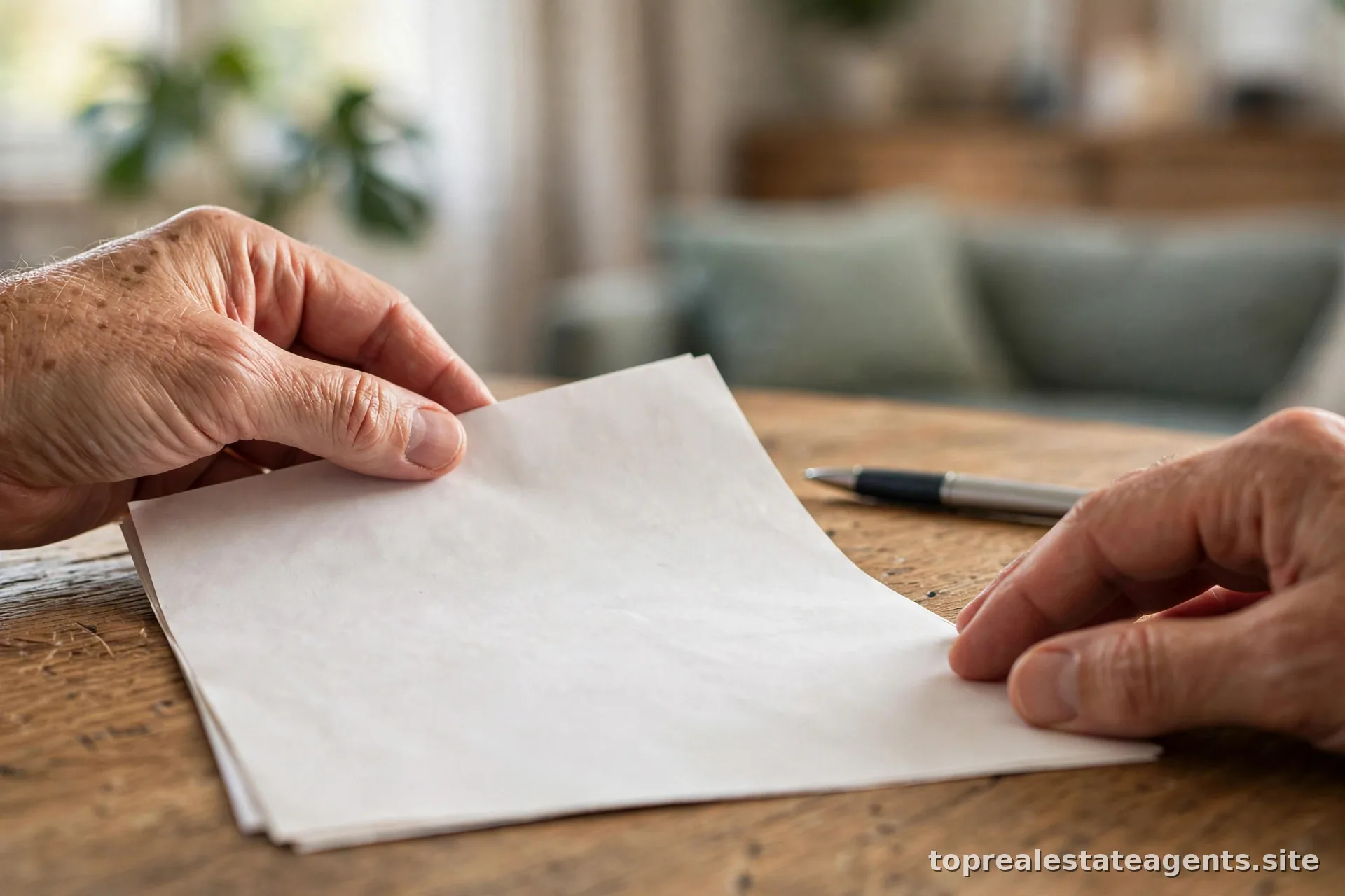 Close-up of hands reviewing a real estate listing agreement with a pen on a wooden table