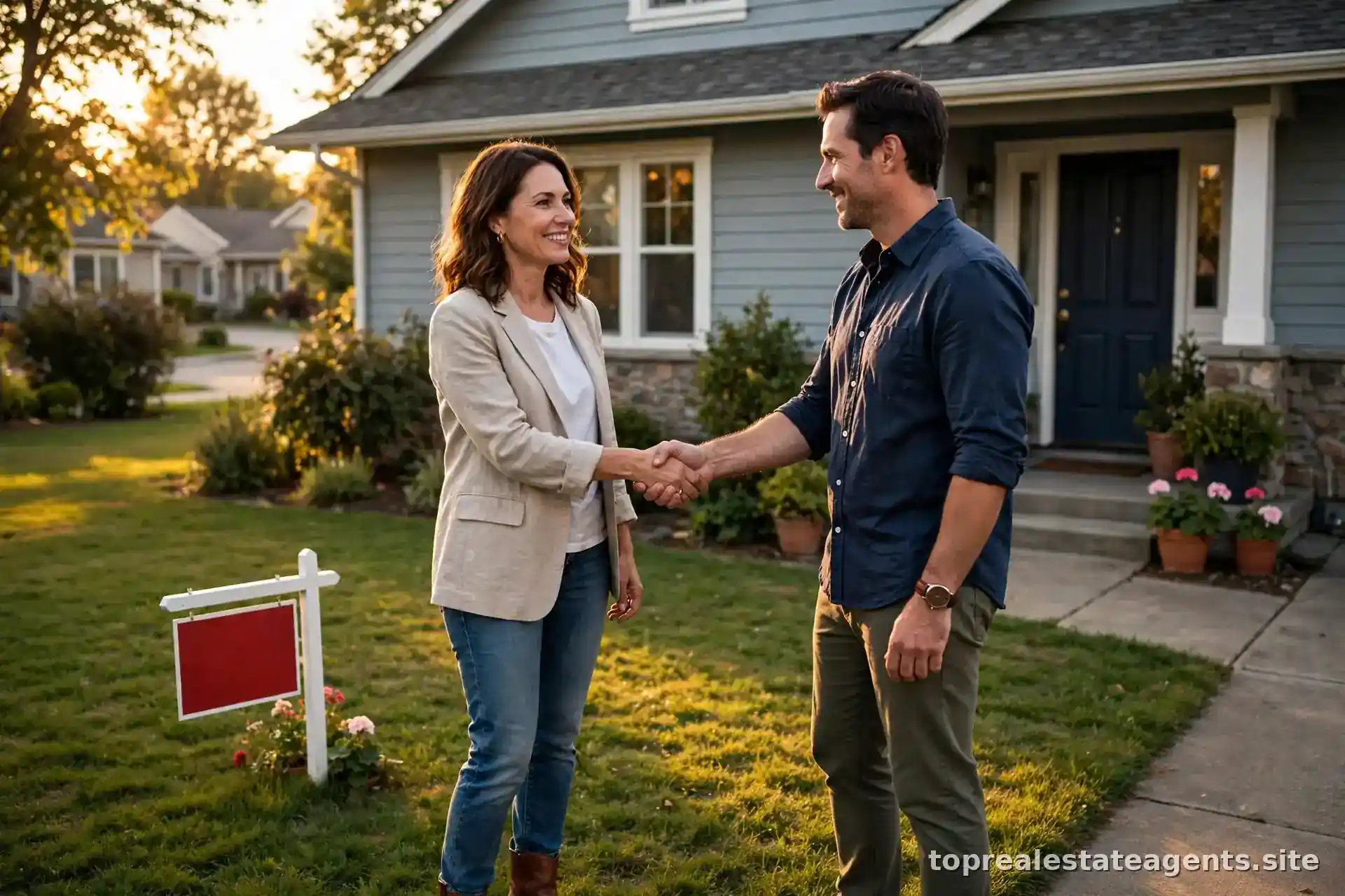 Two professionals shaking hands in front of a house with a sold sign, symbolizing a fair deal