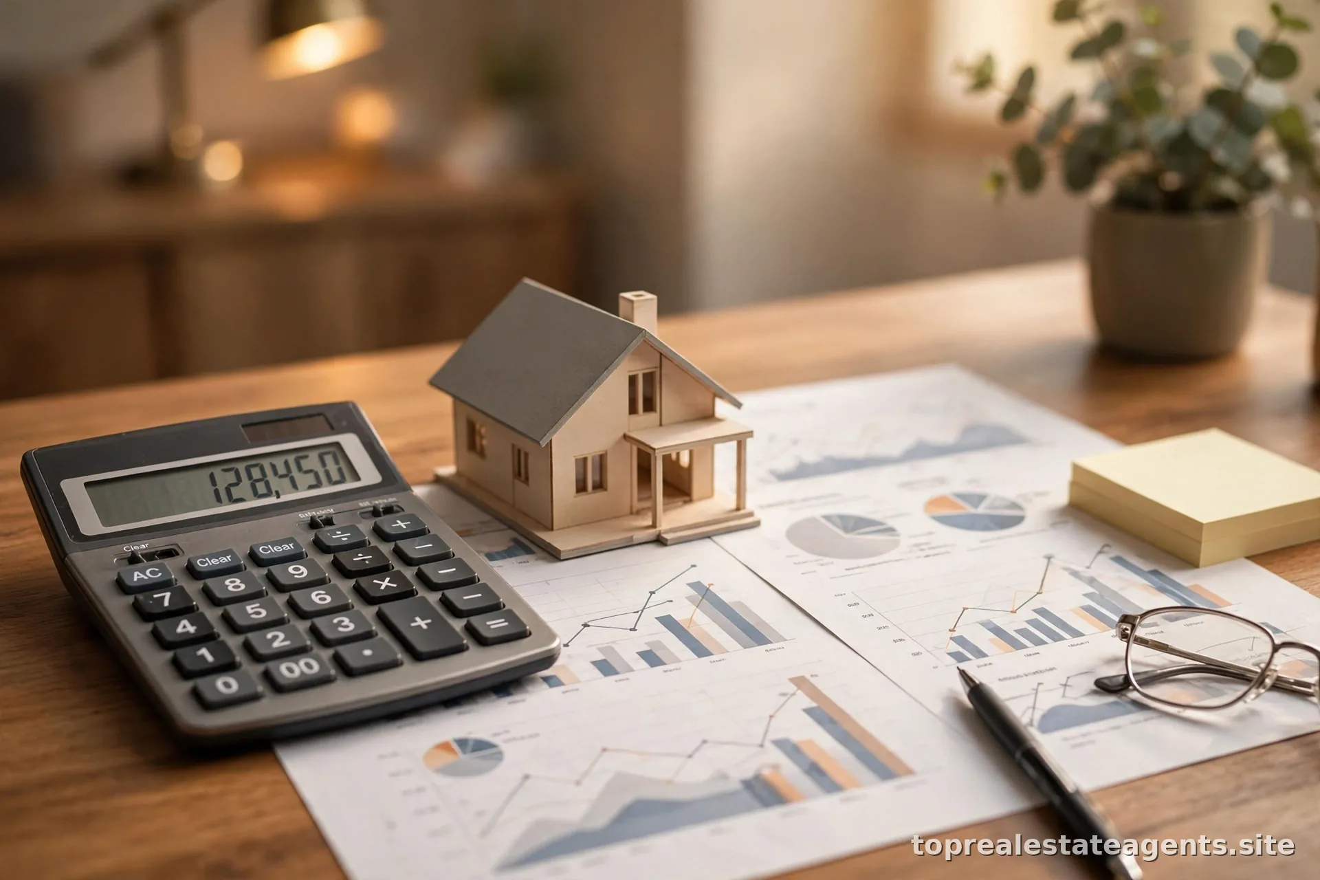 Split concept image showing a calculator and a house model representing flat-fee versus percentage commission comparison