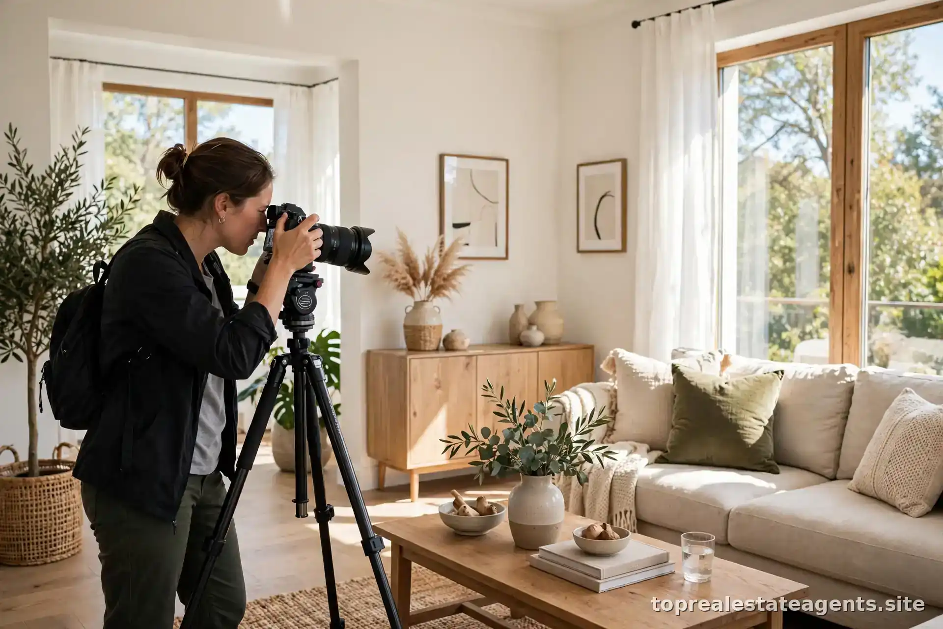 Real estate agent taking professional photos of a bright staged living room