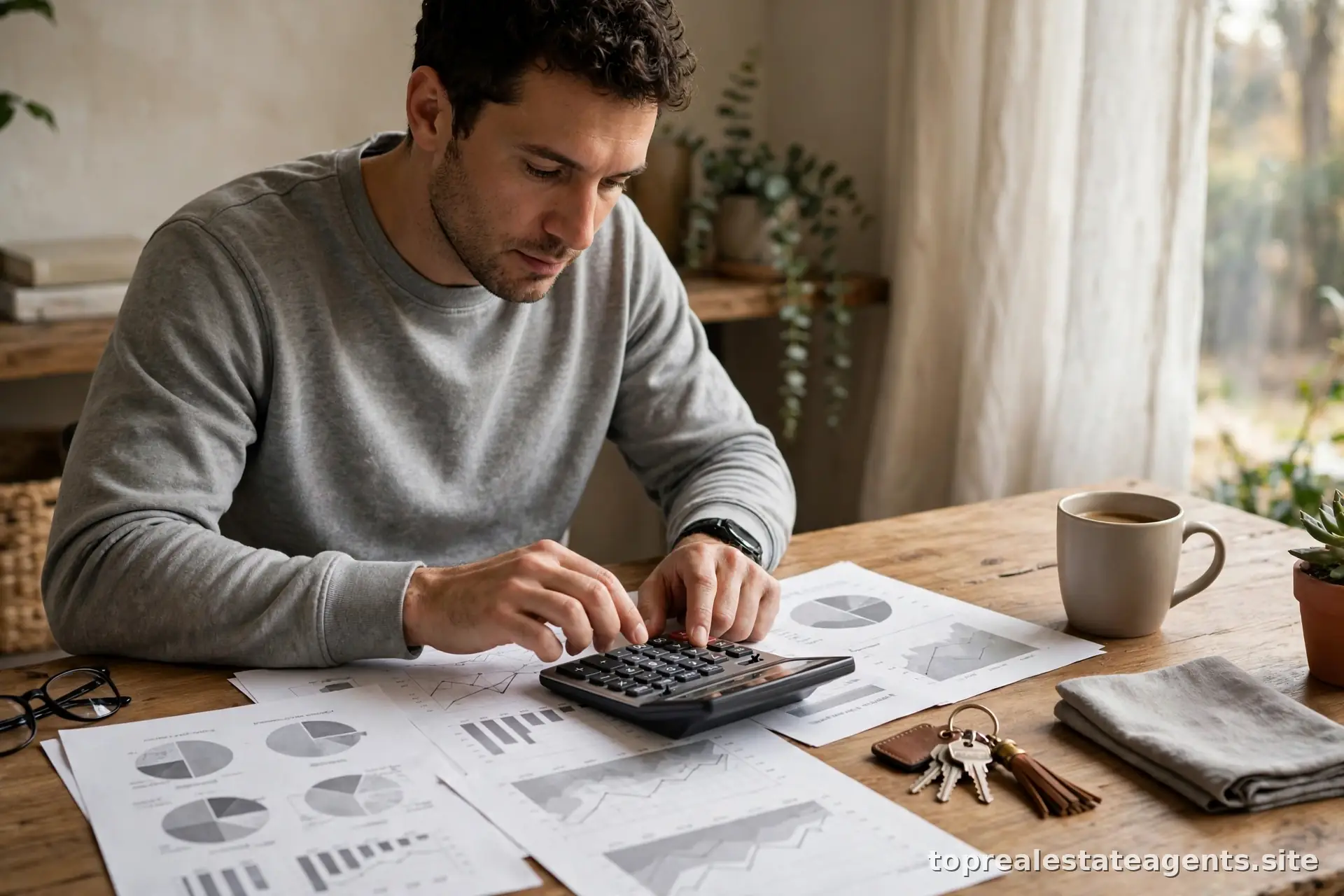 Person reviewing financial paperwork with a calculator while selling a home