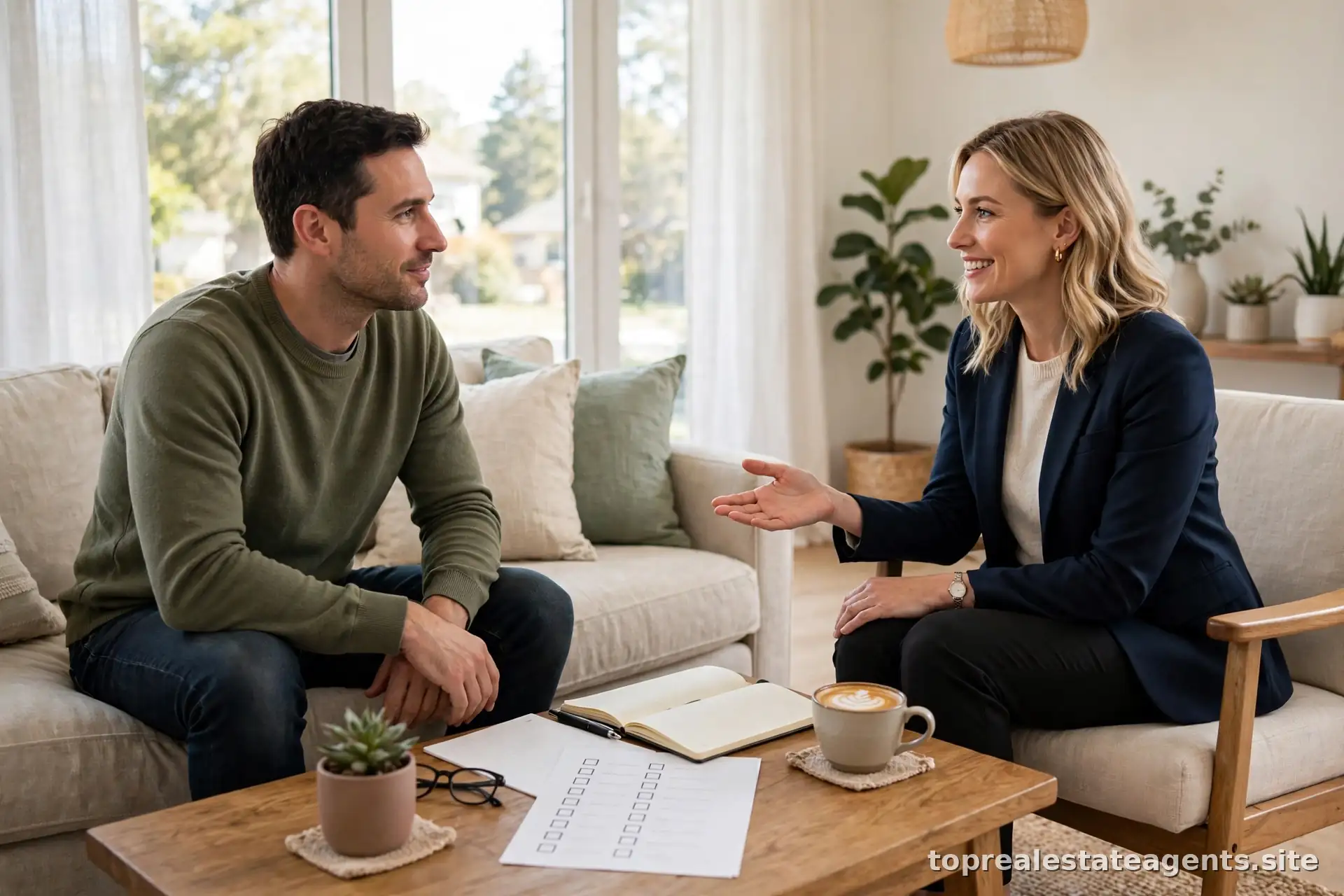 Home seller interviewing a real estate agent candidate in a living room with a notebook and checklist