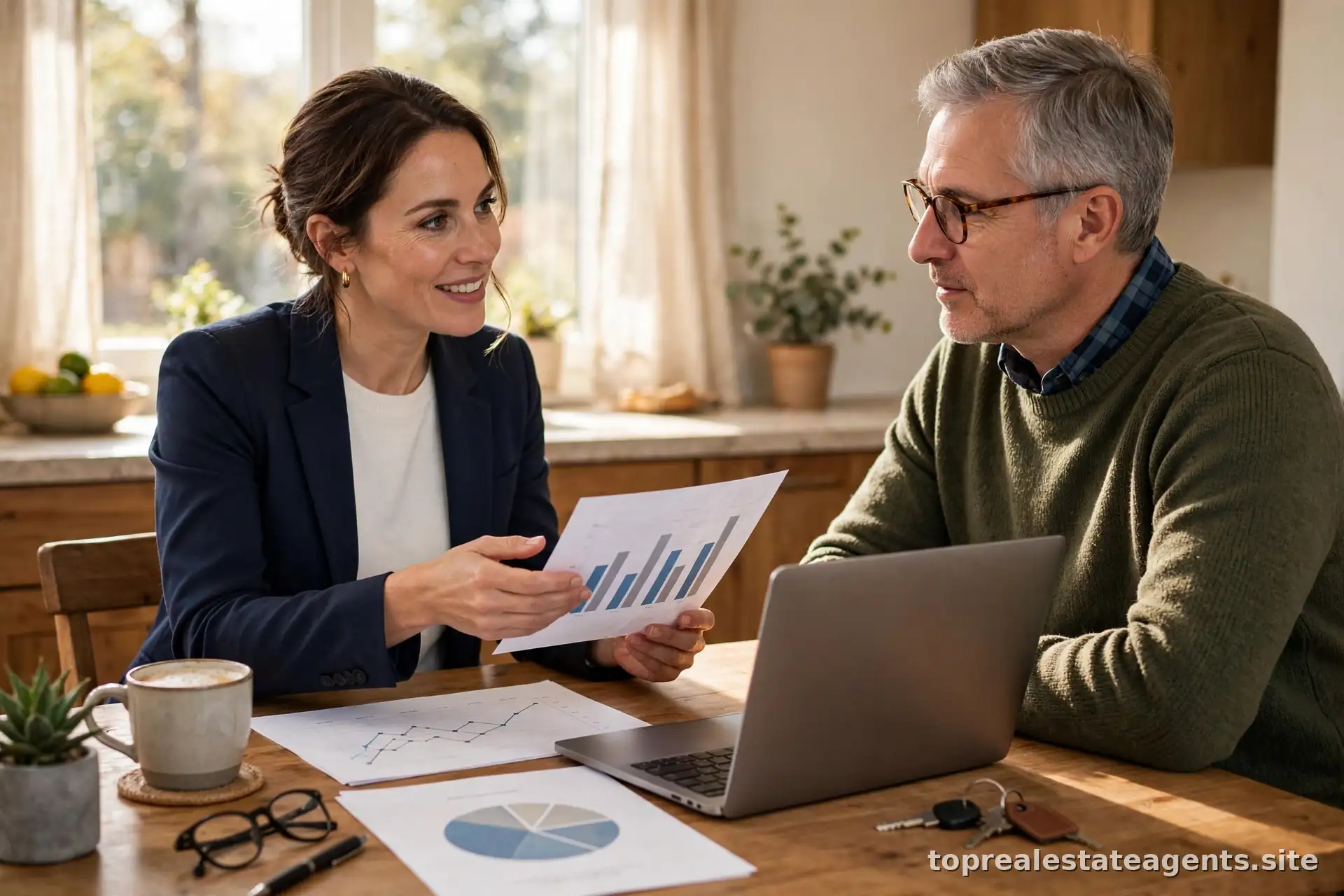 Real estate agent presenting a comparative market analysis to a home seller at a kitchen table