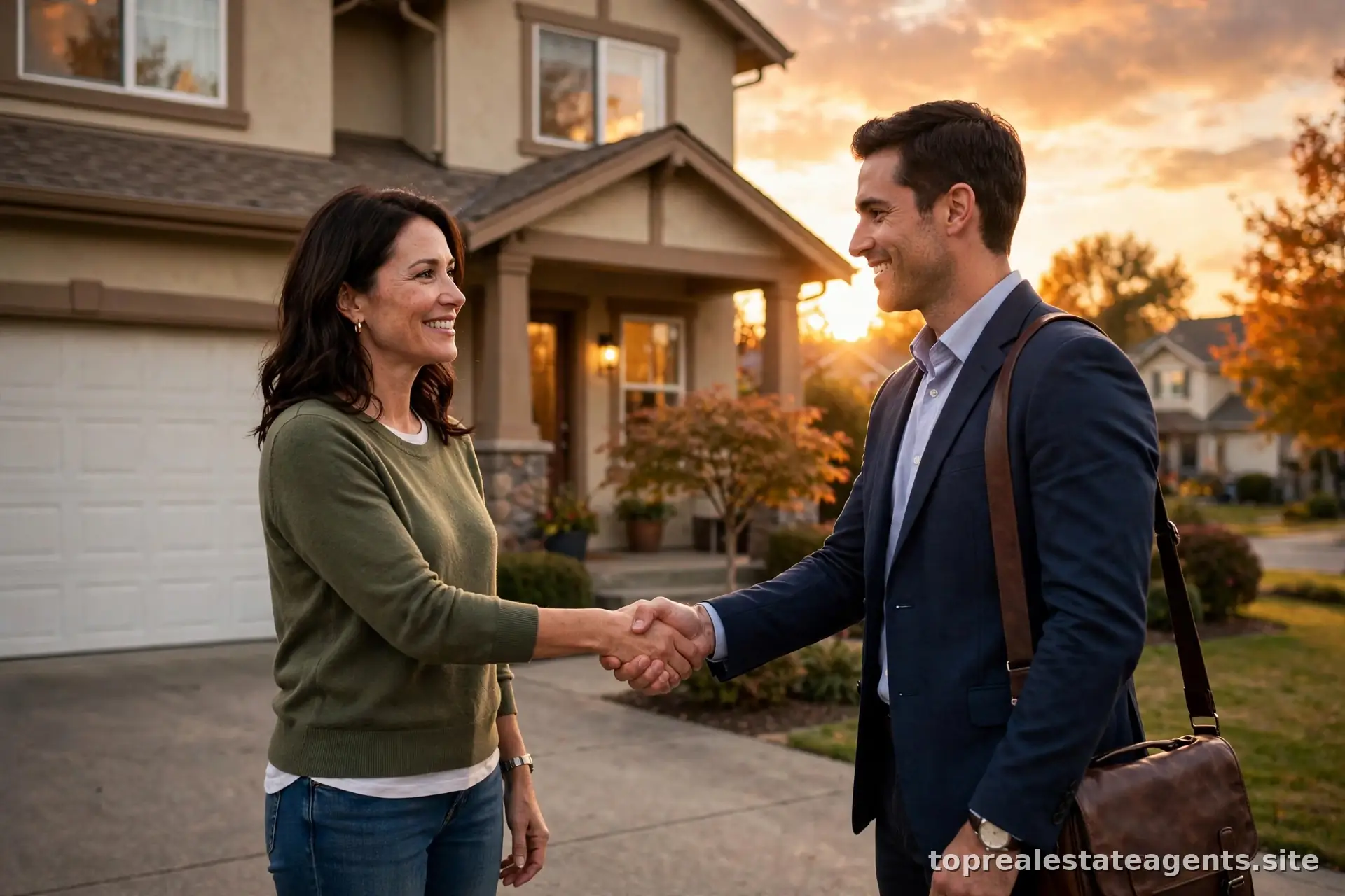 Handshake between a home seller and a real estate agent in front of a house at sunset