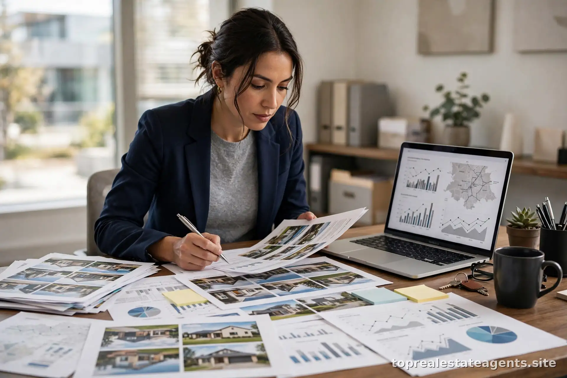 Real estate agent reviewing marketing materials and a home valuation report at a desk