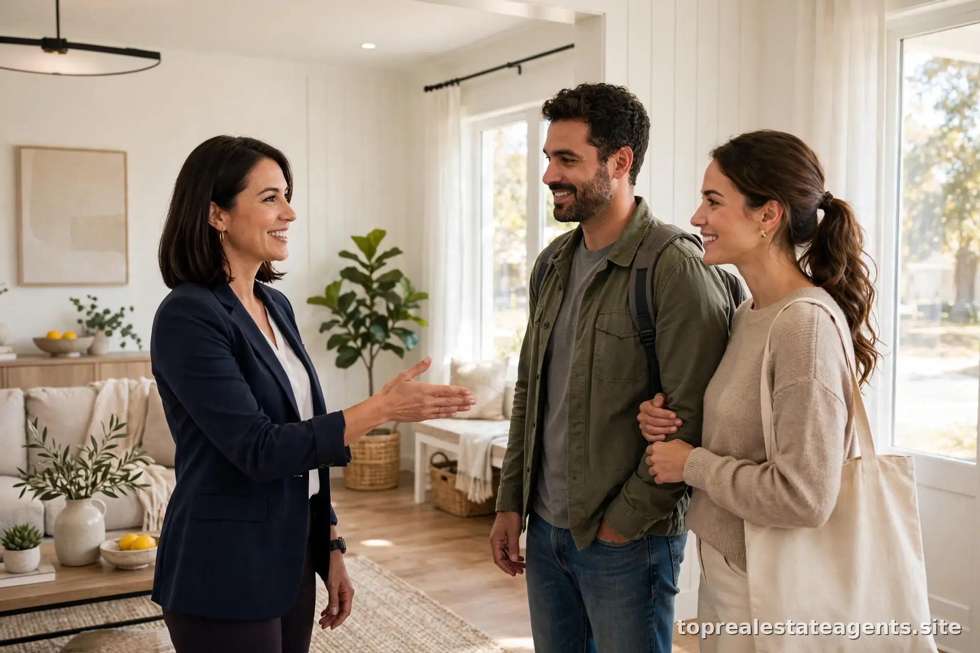 Agent hosting an open house, greeting potential buyers in a bright staged home
