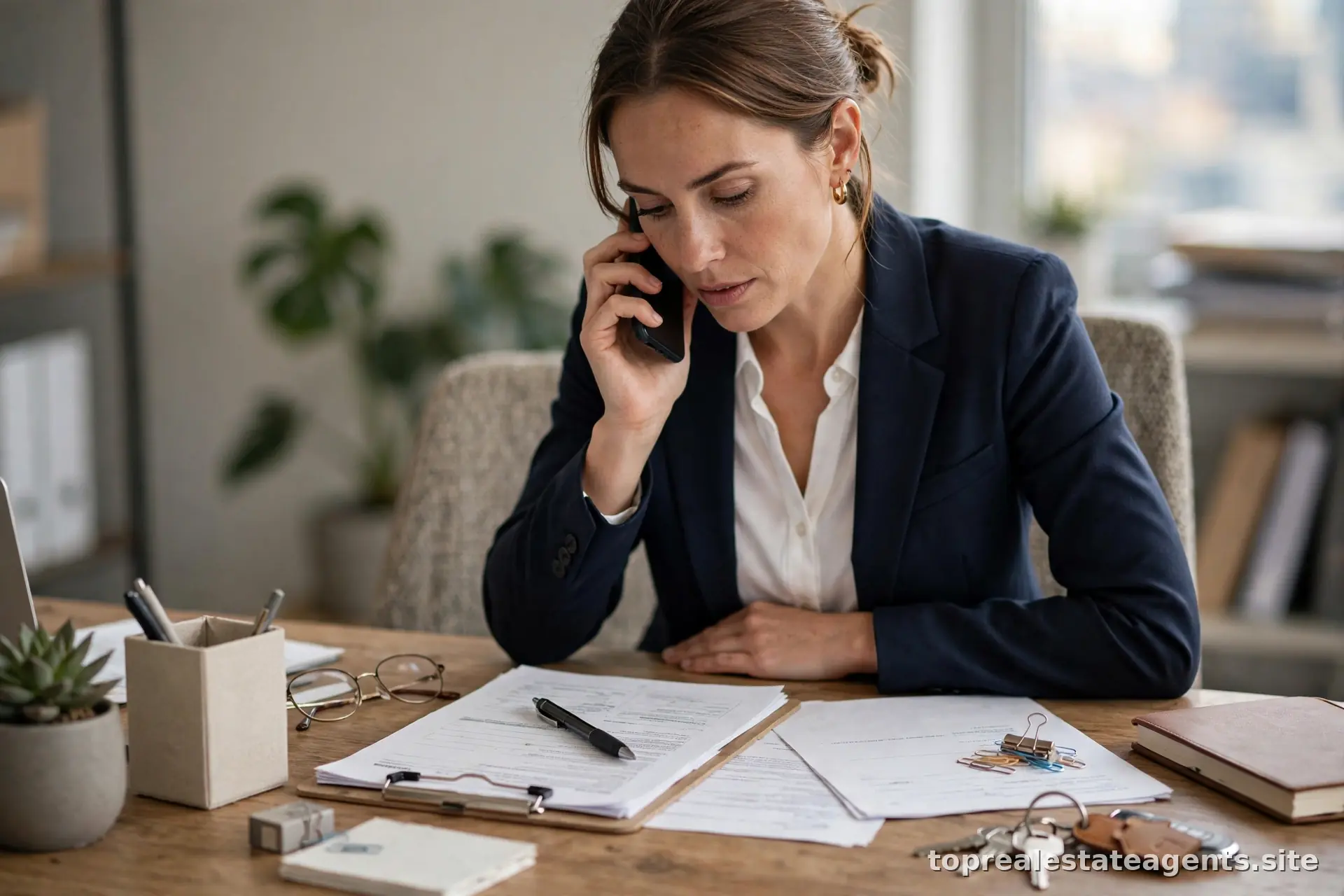 Real estate agent on the phone coordinating closing details with paperwork on a desk
