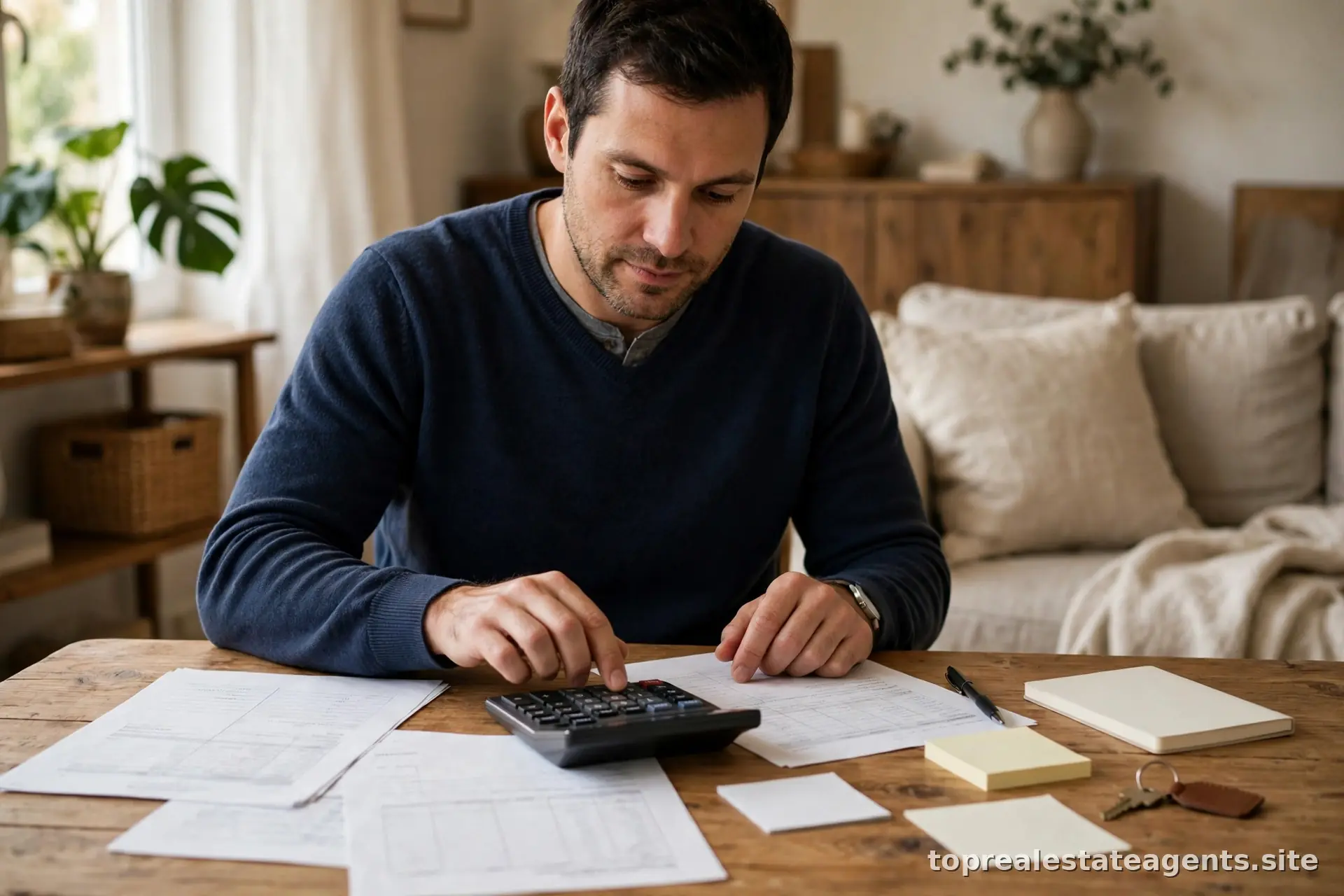 Person calculating home sale numbers with a calculator and financial documents on a table