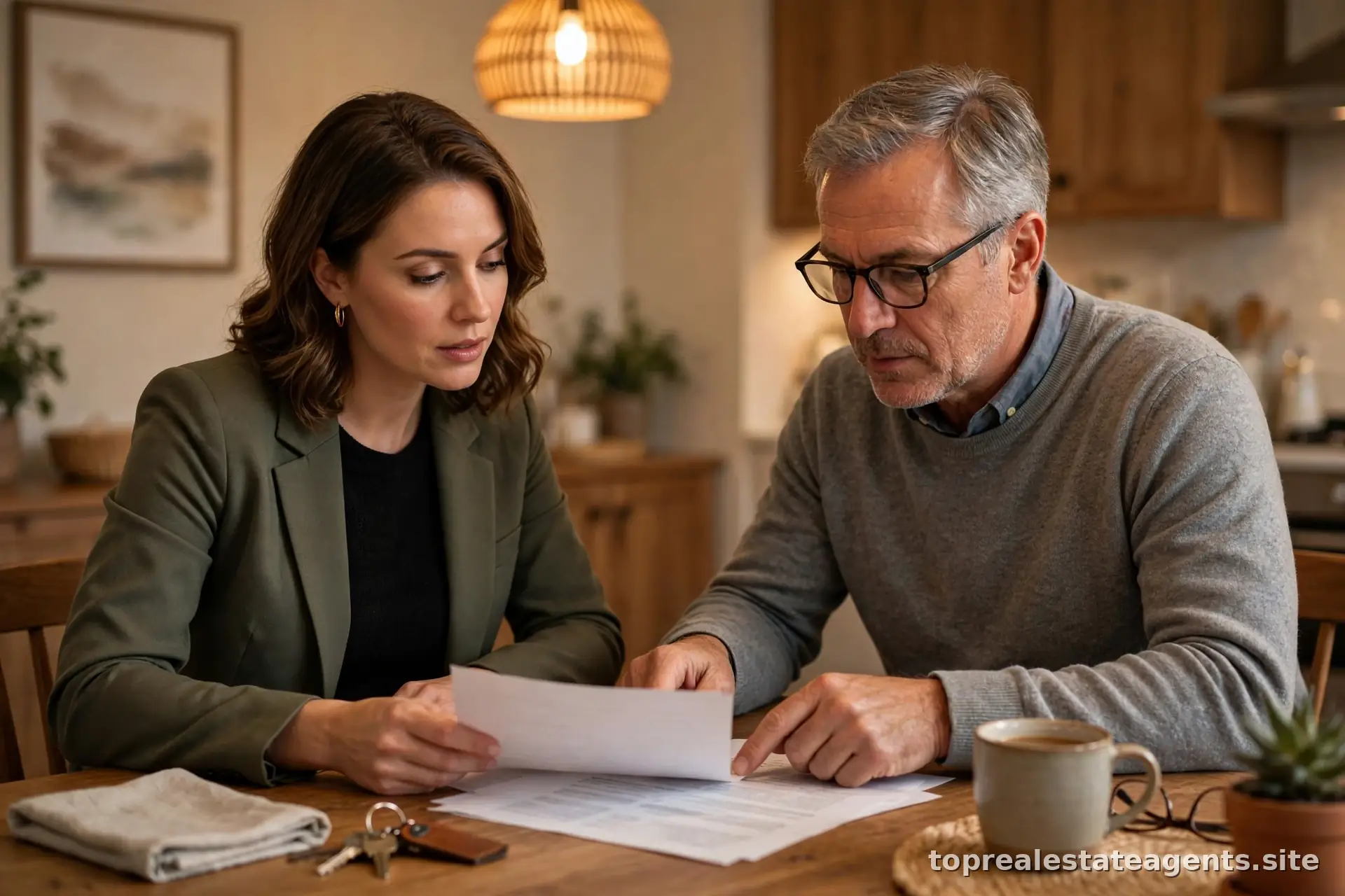 Real estate agent and home seller reviewing an offer together at a dining table