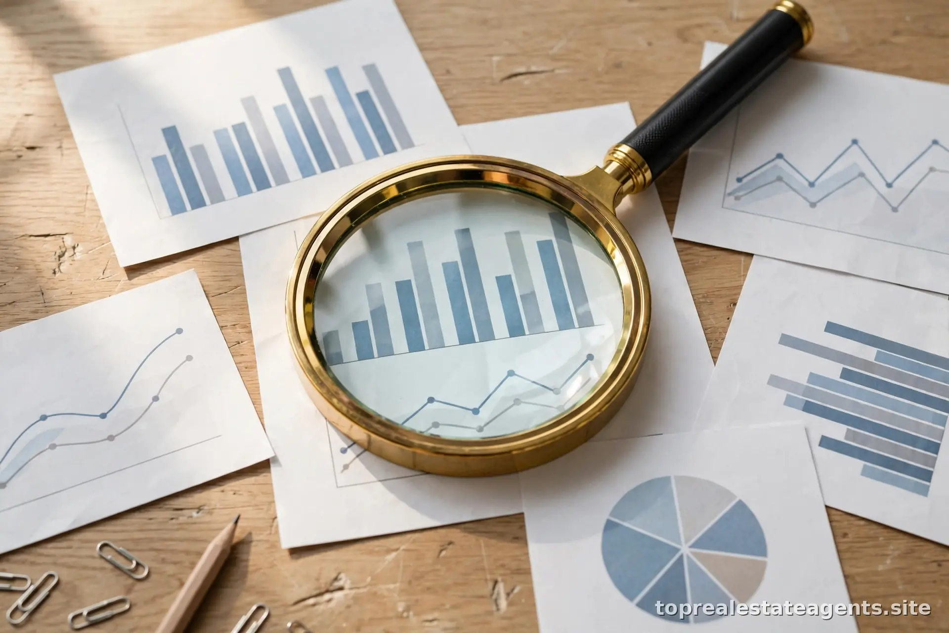 Magnifying glass over house price data and charts symbolizing careful home pricing analysis