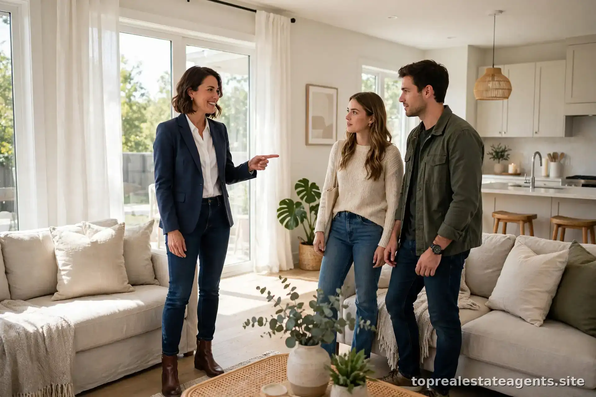 Real estate agent showing a young couple around a house during a viewing