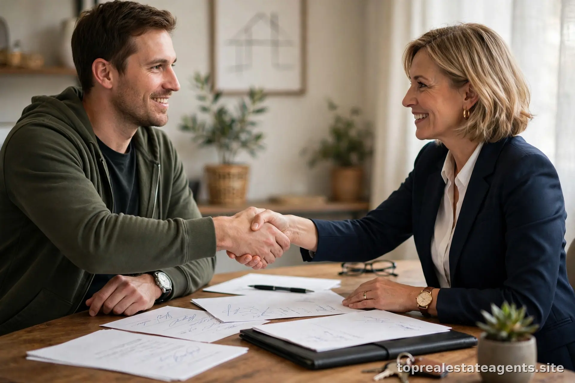 Handshake between home buyer and agent after signing purchase documents