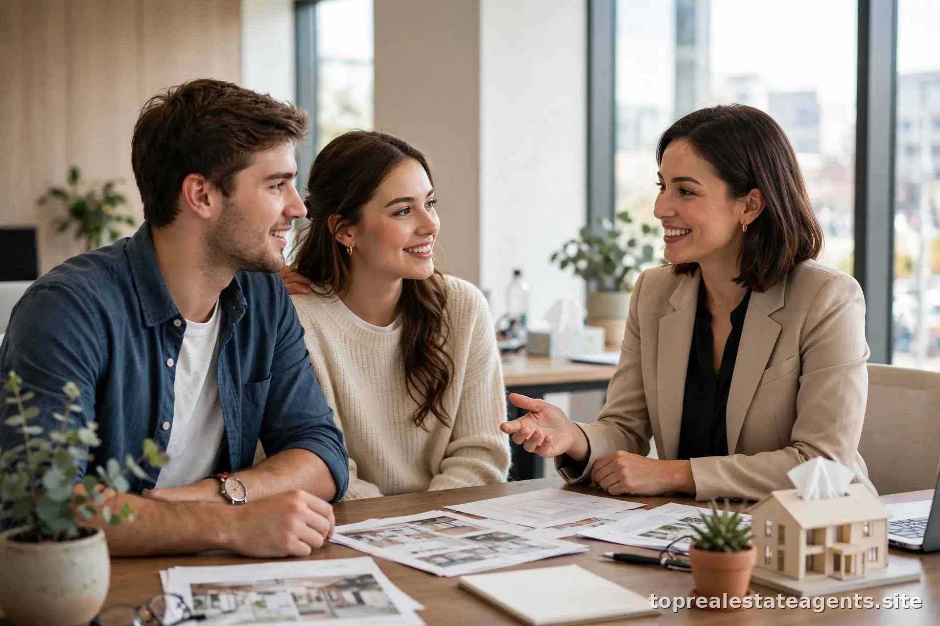 First-time homebuyer couple meeting a real estate agent in an office