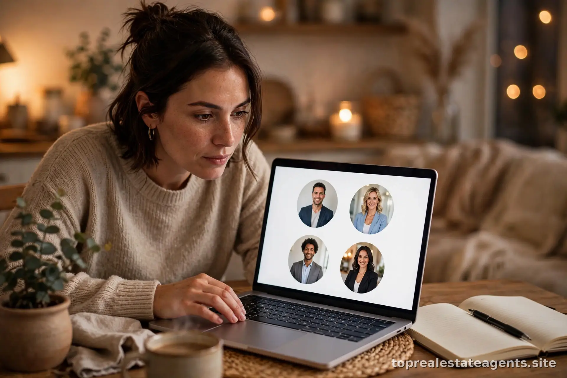 Homebuyer reviewing agent profiles and reviews on a laptop