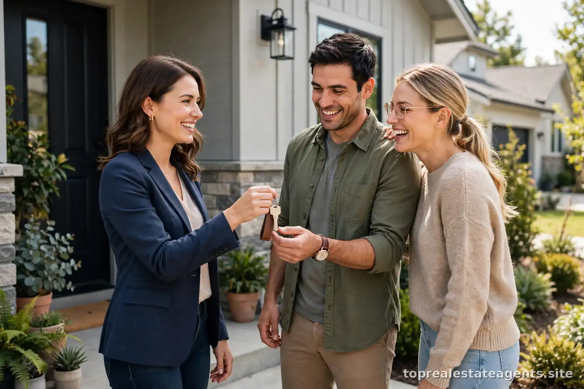 Real estate agent handing house keys to happy first-time buyers