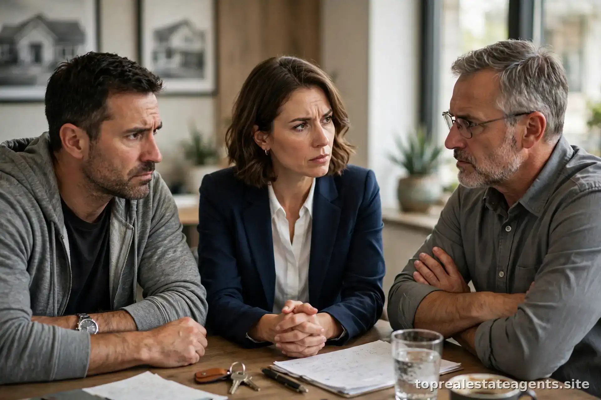 Real estate agent standing between a buyer and seller at a negotiation table