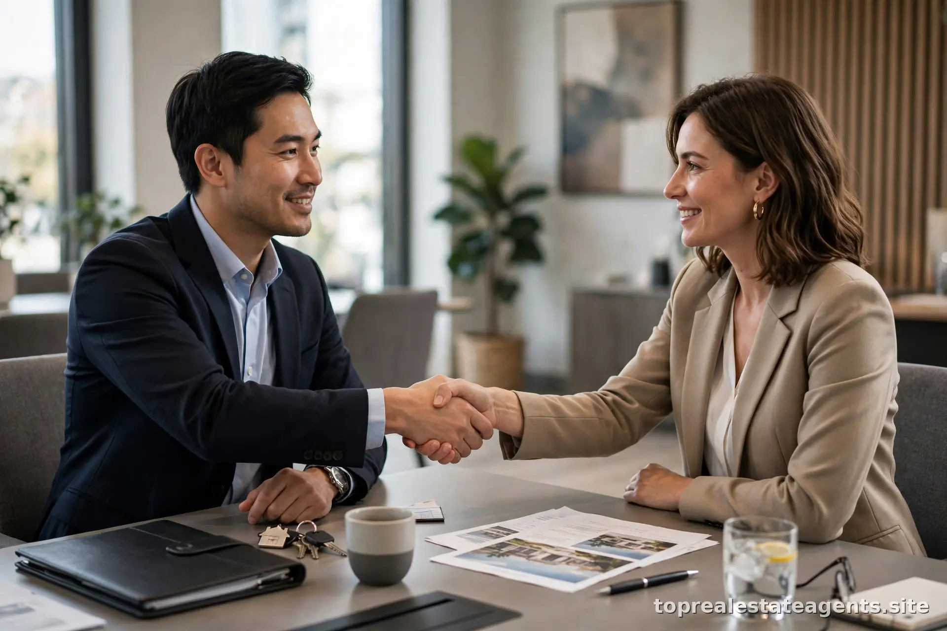 Two separate agents representing buyer and seller shaking hands across a table