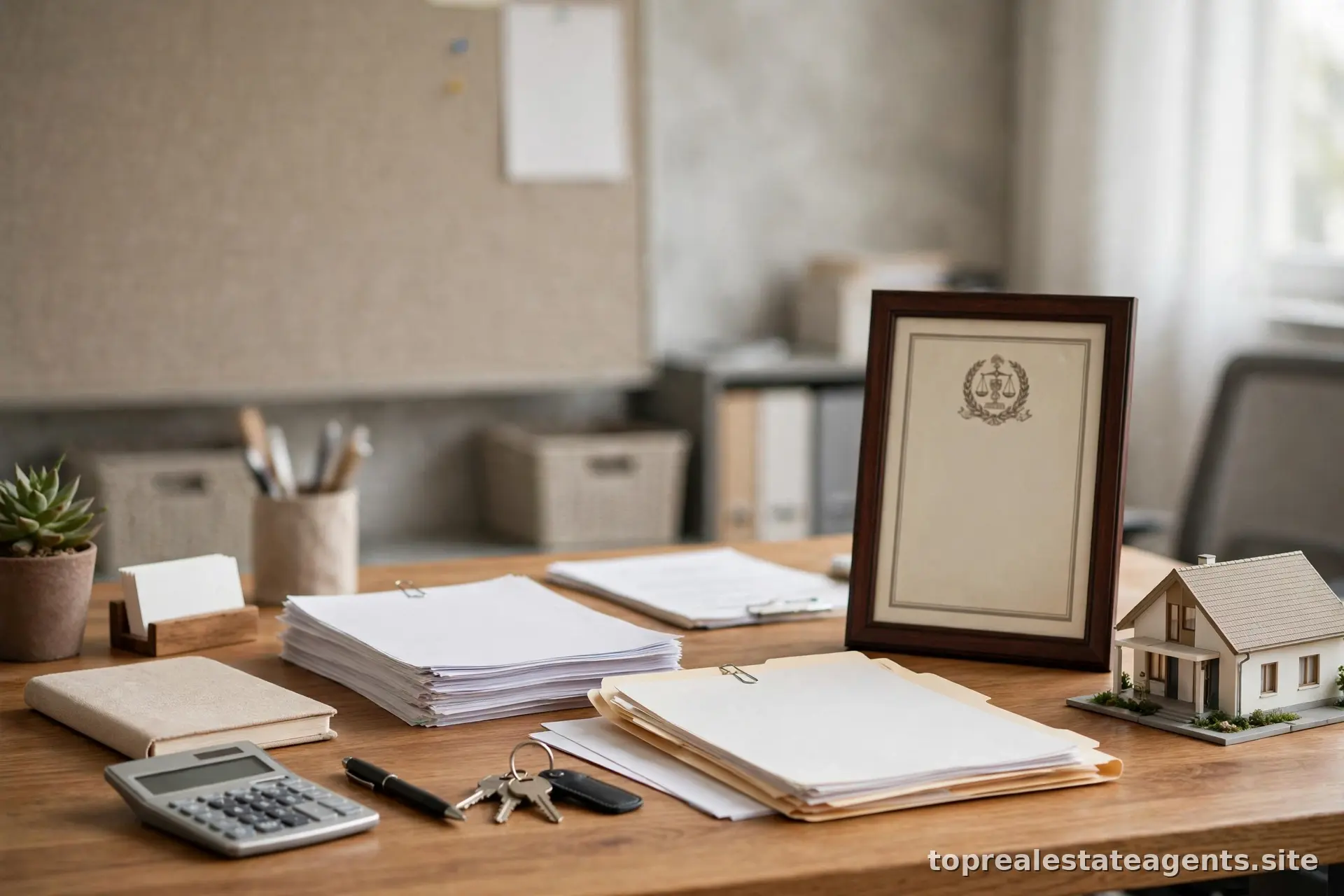 Real estate agent's desk with license certificate and house model