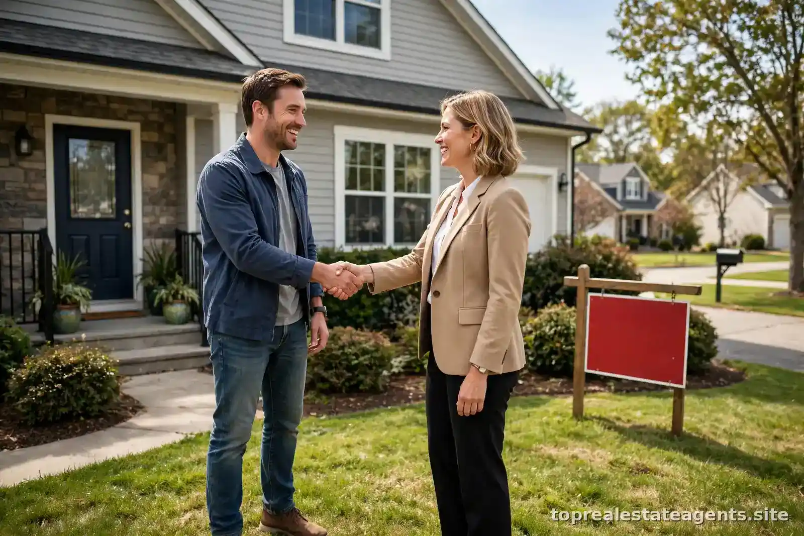 Handshake in front of a sold house confirming a successful purchase