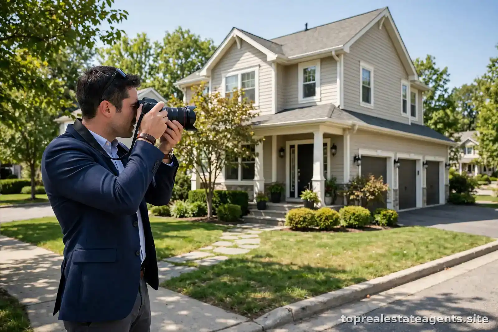 Listing agent photographing a home exterior for marketing