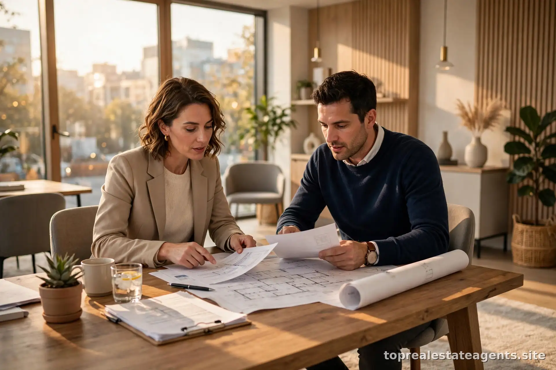Professional real estate office with an agent and broker reviewing documents together