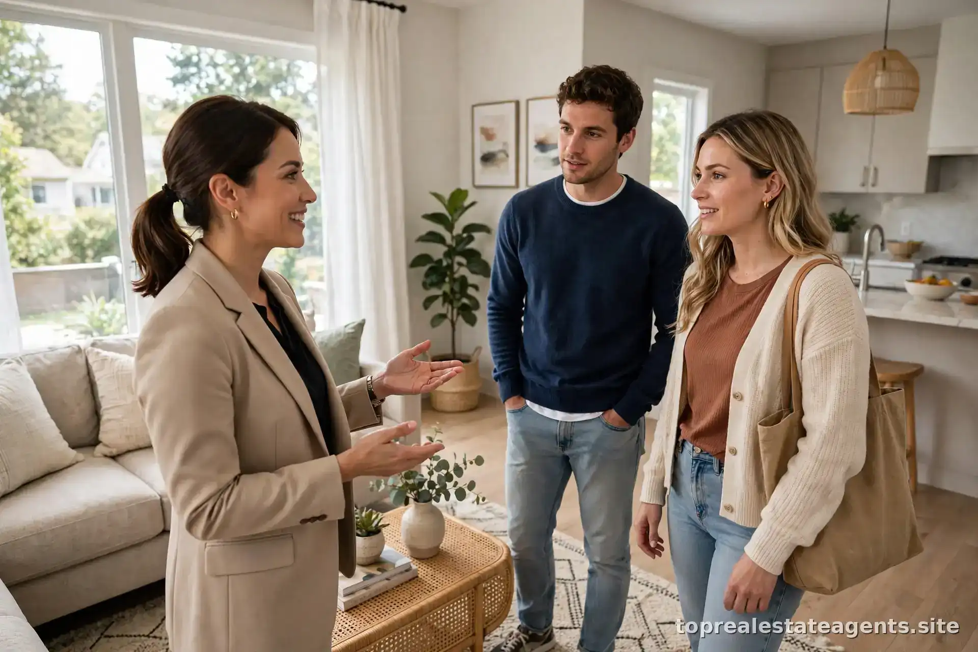 Real estate agent showing a home to a couple during a property tour