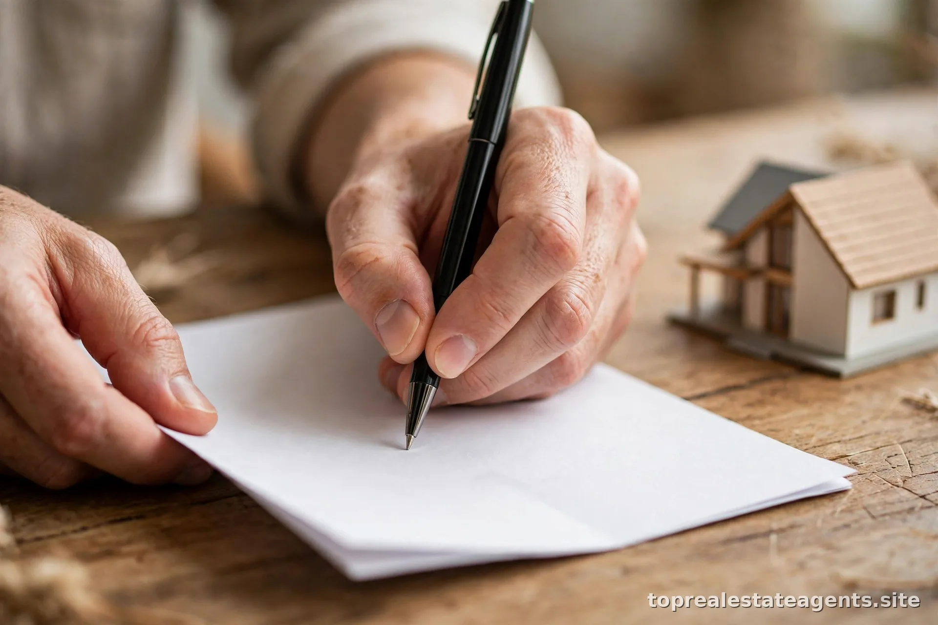 Close-up of hands signing real estate contracts on a desk with a house model