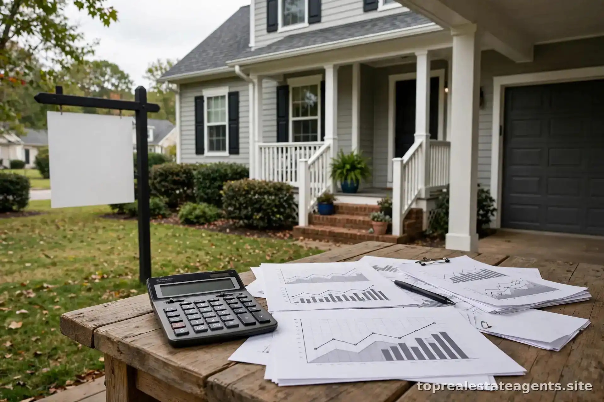 For sale sign in front of a suburban home with a calculator and documents nearby