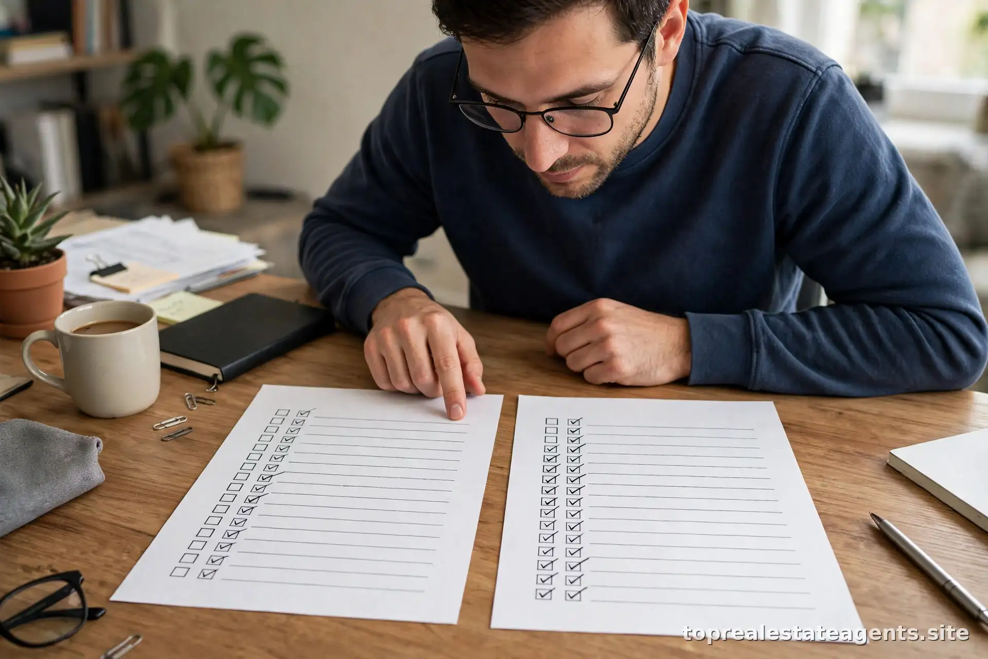 Person comparing two service package documents side by side on a desk