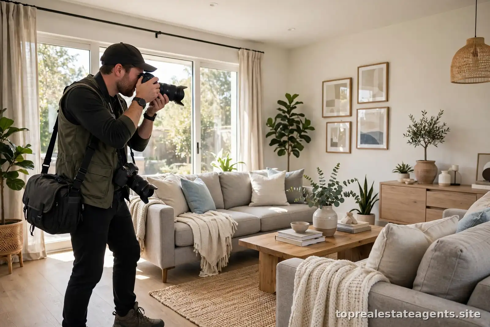 Real estate agent photographing a bright living room for a property listing
