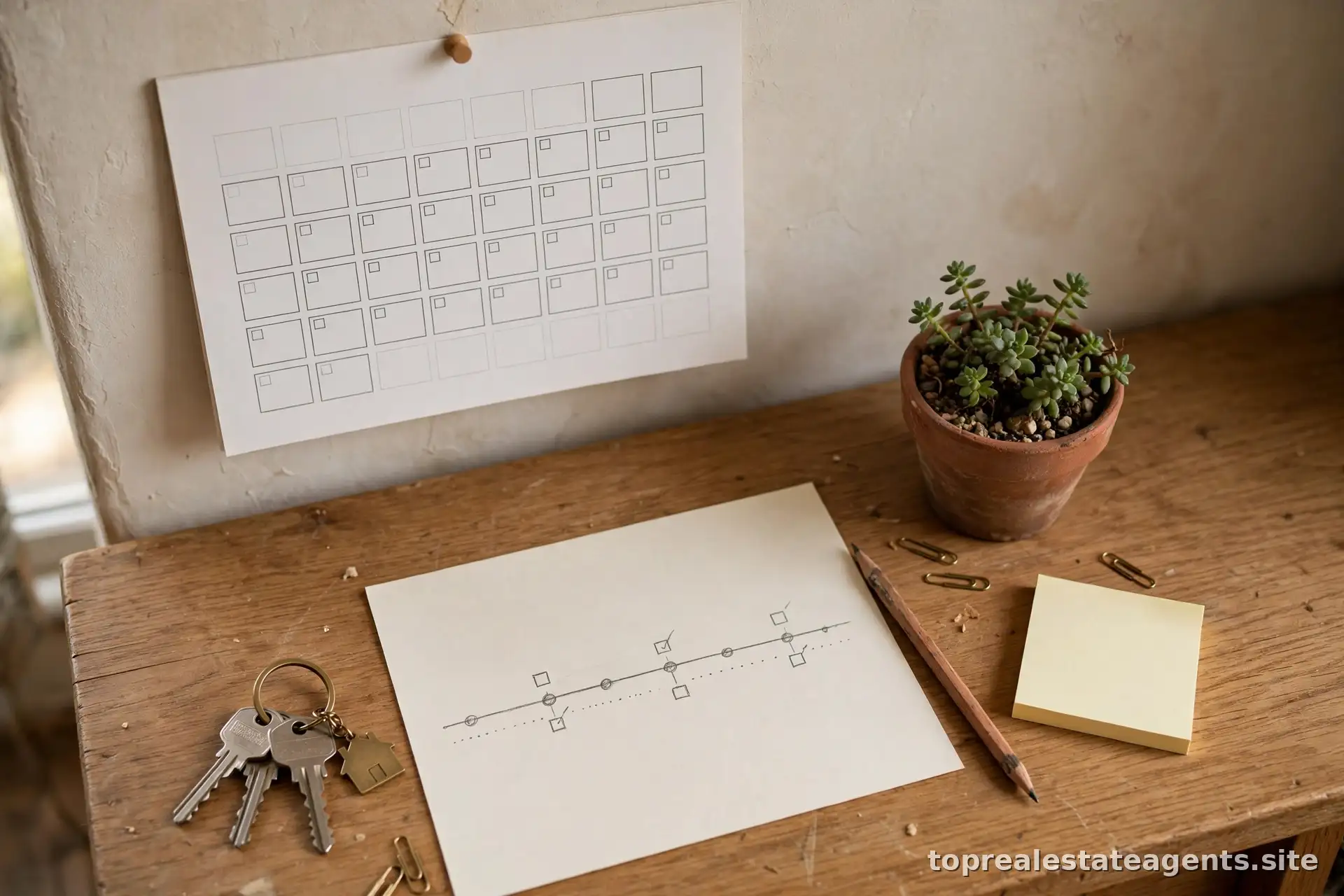 Calendar and house keys on a desk symbolizing a listing timeline