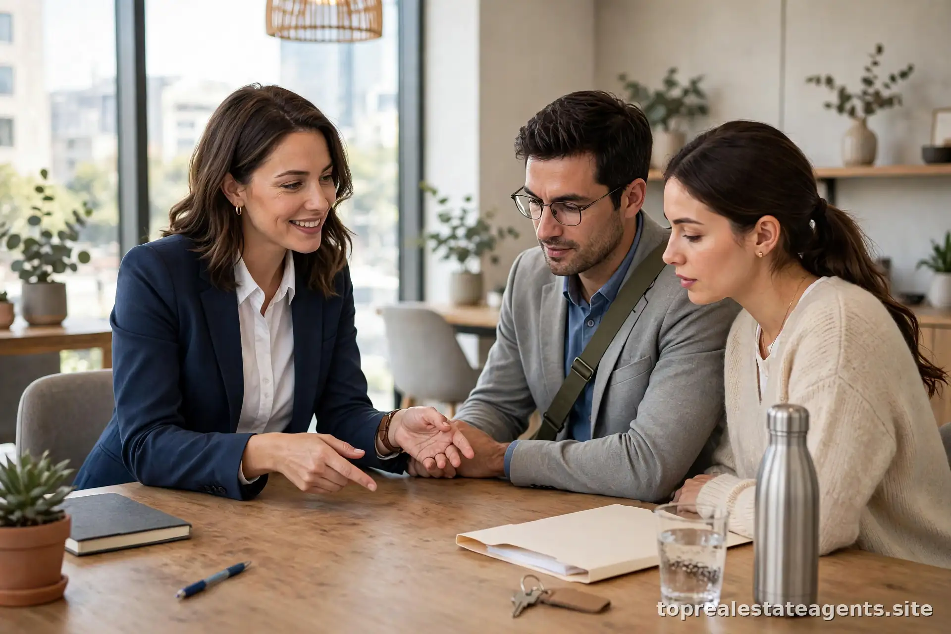 Real estate agent explaining commission documents to a home buyer couple