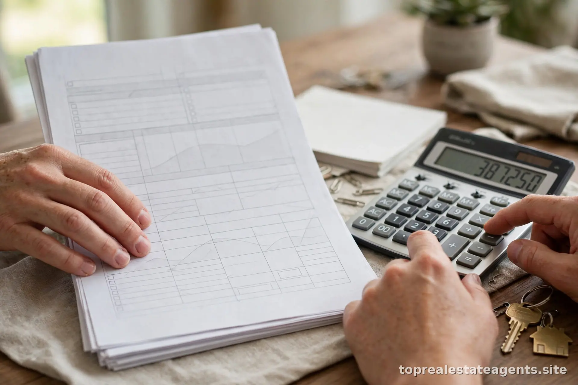 Hands reviewing financial documents with a calculator during a home purchase