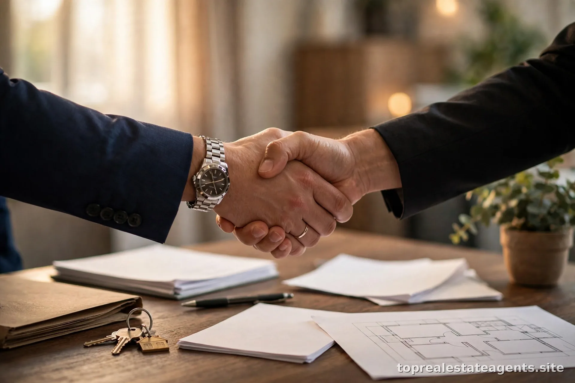 Two people shaking hands over a desk after reaching a real estate agreement