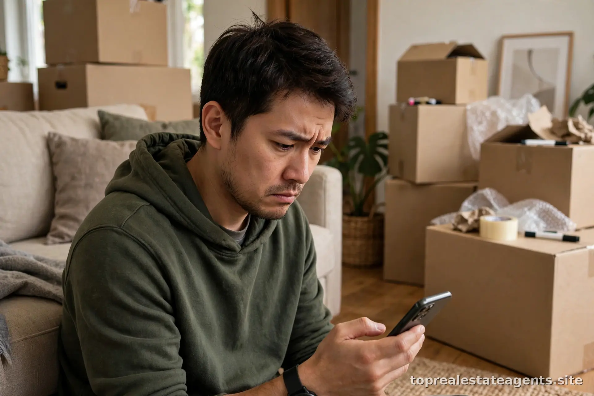 Frustrated homeowner checking phone with no messages from their real estate agent