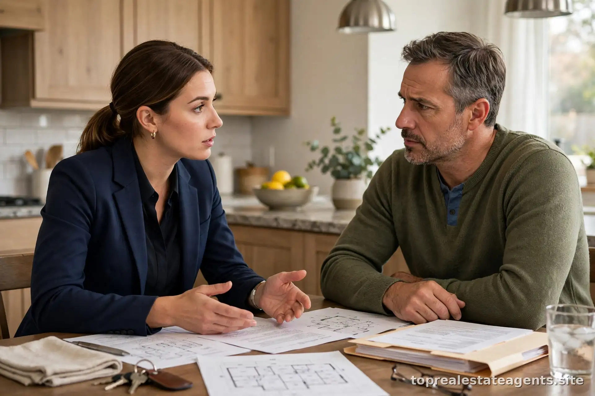 Real estate agent and seller having a serious discussion across a table