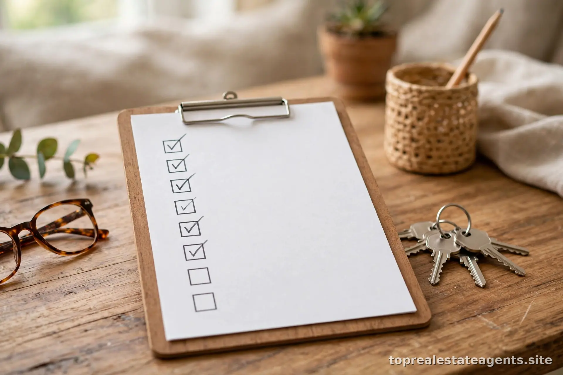 Checklist with checkmarks on a clipboard next to a house key